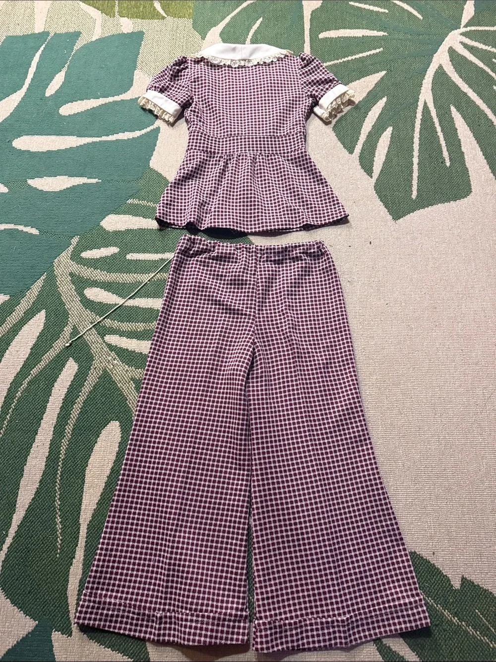 Vintage burgundy Check coord matching Set with Lace Collar small
